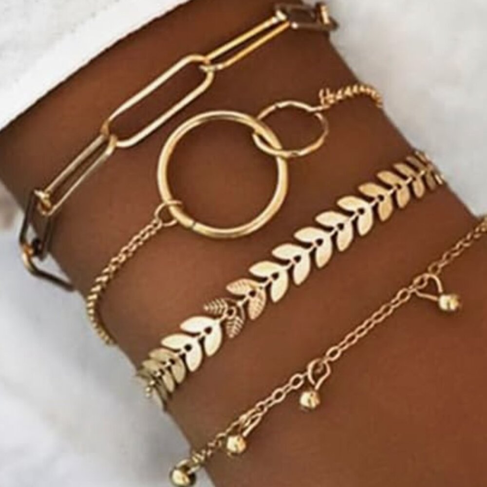 Boho Shiny Circle Leaf Stacked Bracelets